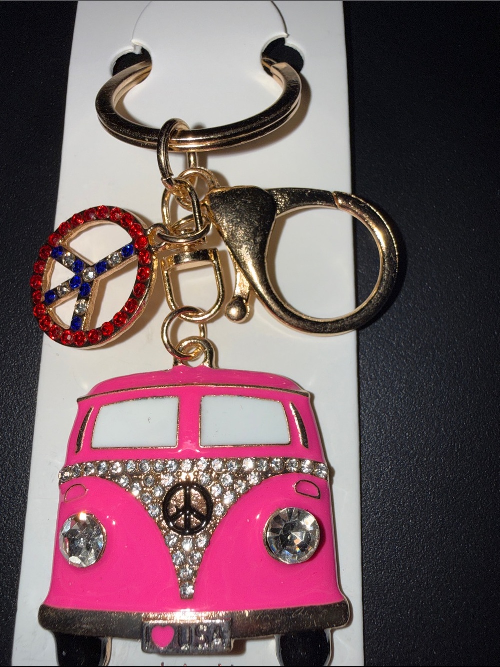 Pink Rhinestone VW-Style Van Keychain with Peace Charm